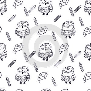 Seamless pattern. School theme, and stationery, pencils and books. cute owls