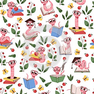 Seamless pattern with scientist worm wearing glasses with books. Decor textile, wrapping paper, wallpaper design. Print