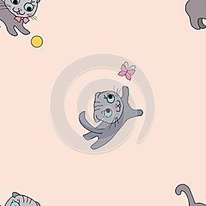 Seamless pattern Scottish fold kittens play with a ball and butterfly.