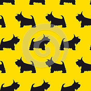 Seamless pattern with Scottish Terrier silhouette on a yellow background