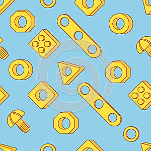 Seamless pattern: Screws and Nuts. Construction Hardware: Bolts, Nuts and Spacers, isolated vector elements for your design