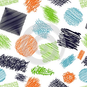Seamless pattern with scribble brushes. Collection of ink lines, set of hand drawn textures, scribbles of pen, hatching, scratch.