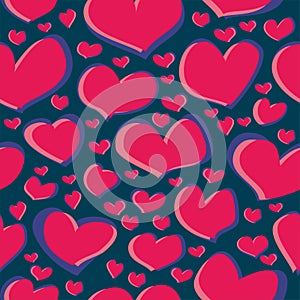Seamless pattern scribble of red heart figures on a dark blue background for fabrics, wallpapers, tablecloths, prints and designs