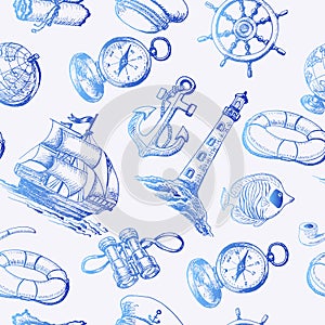 Seamless pattern with Sea Adventure elements in sketch style