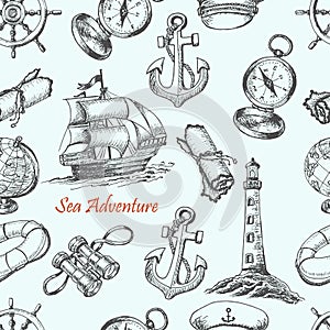 Seamless pattern with Sea Adventure elements in sketch style