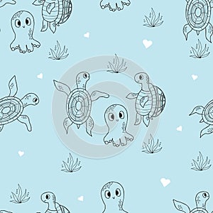 Seamless pattern with sea animals. Cute octopus and turtles on blue background. Vector illustration in doodle style