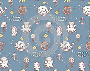 Seamless pattern with sea animals.octopus, jellyfish, whale, squid, star, steering wheel, anchor