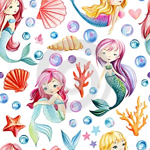 Seamless pattern, sea background with mermaids, bubbles, seashells, corrals and starfish, watercolor drawing