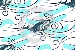 Seamless pattern sea and blue whale. On a white background.