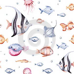 seamless pattern of sea cartoon animals. Blue watercolor ocean fish, turtle, whale and coral. Shell aquarium dolphin, crab octopus