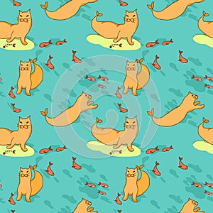 Seamless pattern with Sea cat and fish