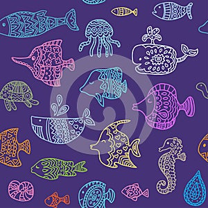 Seamless pattern with sea creatures