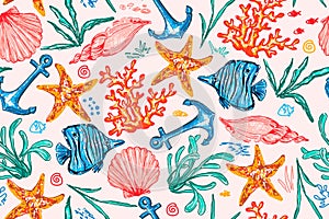 Seamless pattern with sea creatures. Endless underwater life background. Fish, sea shell, corals, starfish.