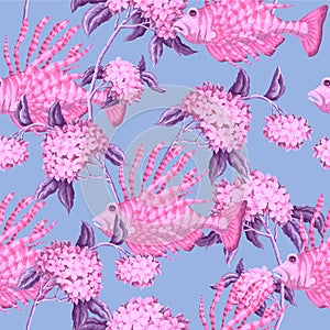 Seamless pattern with sea fishes and flowers. Vector.