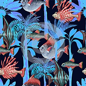 Seamless pattern with sea fishes and trees. Vector.