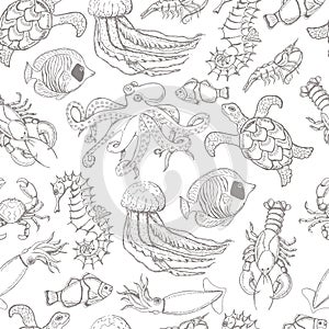 Seamless pattern with sea inhabitants