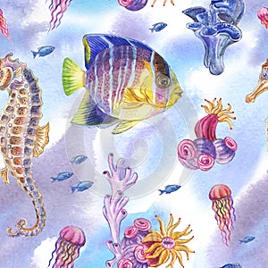Seamless pattern from sea inhabitants. A water color background
