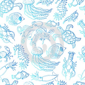 Seamless pattern with sea inhabitants on a white background