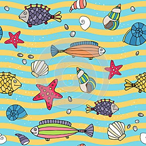 Seamless pattern of sea life on the seashore