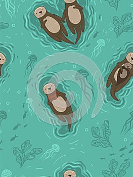 Seamless pattern with sea otters. Vector graphics