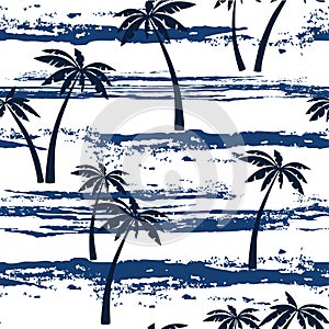 Seamless pattern with sea and palm trees. Summer background.