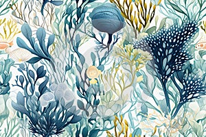 Seamless pattern of sea plants and fish, bright and rich color.