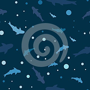 Seamless pattern, sea sharks on a blue background with dots. Print, background, textile, vector