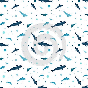 Seamless pattern, sea sharks on a white background with dots. Print, background, wallpaper,vector