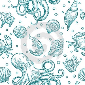 Seamless pattern sea shell, coral, crab, octopus and shrimp. Vector engraving