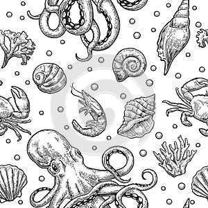 Seamless pattern sea shell, coral, crab, octopus and shrimp. Vector engraving vintage illustrations. Isolated on white background