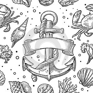 Seamless pattern sea shell, coral, crab and shrimp. Vector engraving vintage illustrations. Isolated on white background