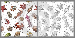 Seamless pattern sea shell, coral, cuttlefish, coral, oyster, crab, shrimp, seaweed, star, fish.
