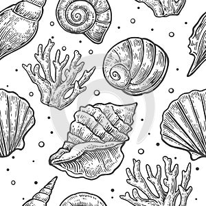 Seamless pattern sea shell. Vector engraving vintage illustrations. Isolated on white background