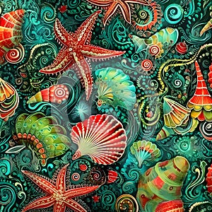 Seamless pattern with sea shells and starfishes. Vector illustration