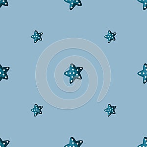 Seamless pattern sea star on light blue background. Marine starfish templates for fabric