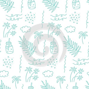 Seamless pattern with sea vacation elements. Cocktail , island with palm trees, waves and clouds. Abstract packaging