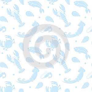 Seamless pattern with seafood elements on white background