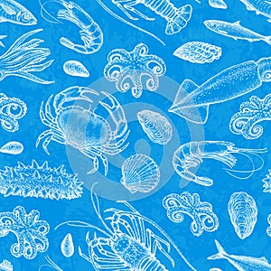 Seamless pattern with seafood and fish.