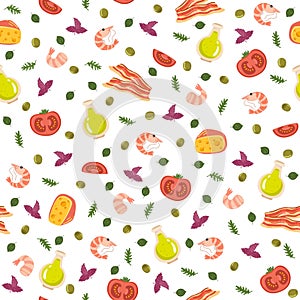Seamless pattern with seafood. Fresh restaurant delicacies, Italian food, olive oil, shrimp, bacon and tomato. Decor