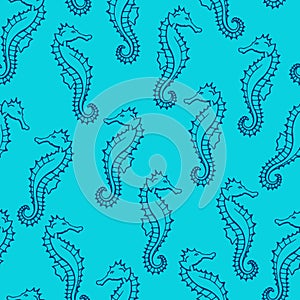 Seamless pattern with seahorse. Marine background.  Hand drawn vector illustration in sketch style