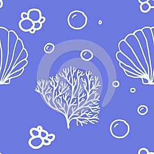 Seamless Pattern With Seashells On Blue Background doodle style pattern. vector