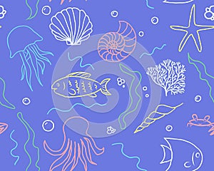 Seamless Pattern With Seashells On Blue Background doodle style pattern. vector