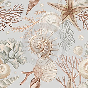 Seamless pattern with seashells and corals hand-drawn painted in watercolor style.