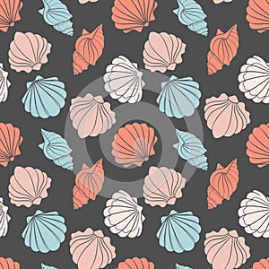 Seamless pattern from seashells. Seashells in pastel colors on a gray background.