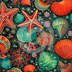 Seamless pattern with seashells and starfishes