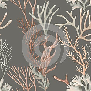 Seamless pattern with Seaweeds and corals hand-drawn painted in watercolor style.