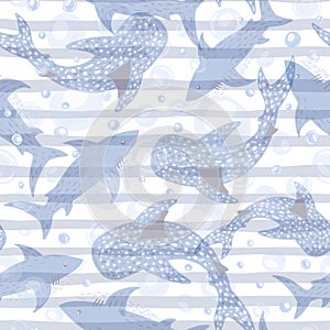 Seamless pattern see-through sharks on blue striped background. Cute print with Hammerhead, Whale, White shark and bubbles