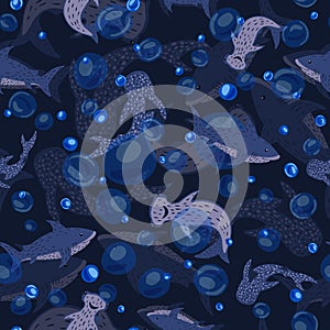 Seamless pattern see-through sharks on dark blue background. Random print with Hammerhead, Whale, White shark and bubbles