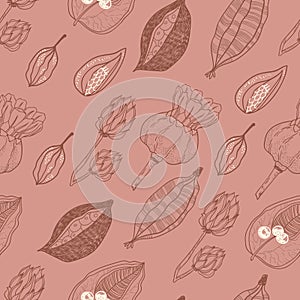 Seamless pattern with seeds and seed pods in autumn colors.