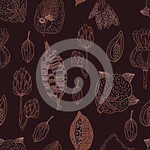 Seamless pattern with seeds and seed pods in autumn colors.